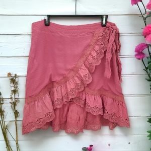 Allie Rose Pink Crochet Lace Tie Wrap Embroidered Mini Skirt Size Large